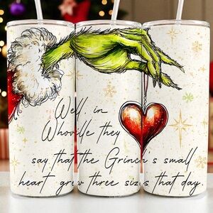 Grinch Christmas 20oz Tumbler • Holiday Skinny Cup • Whoville Heart Design • New